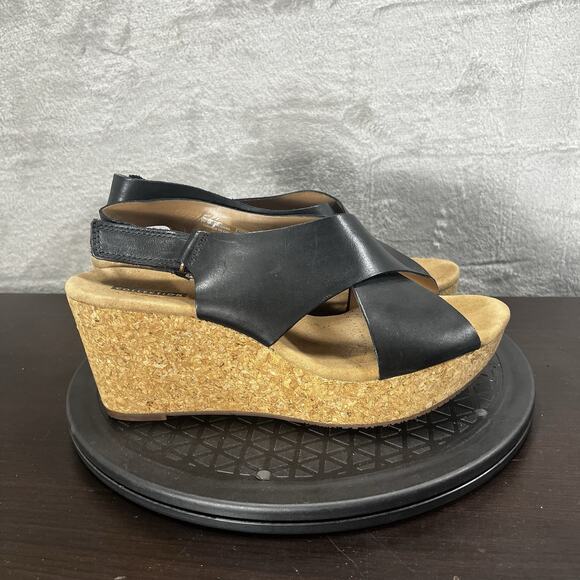 Clarks Annadel Eirwyn Women Size 9 Black Slingback Cork Platforms Wedge Sandals - Picture 1 of 10